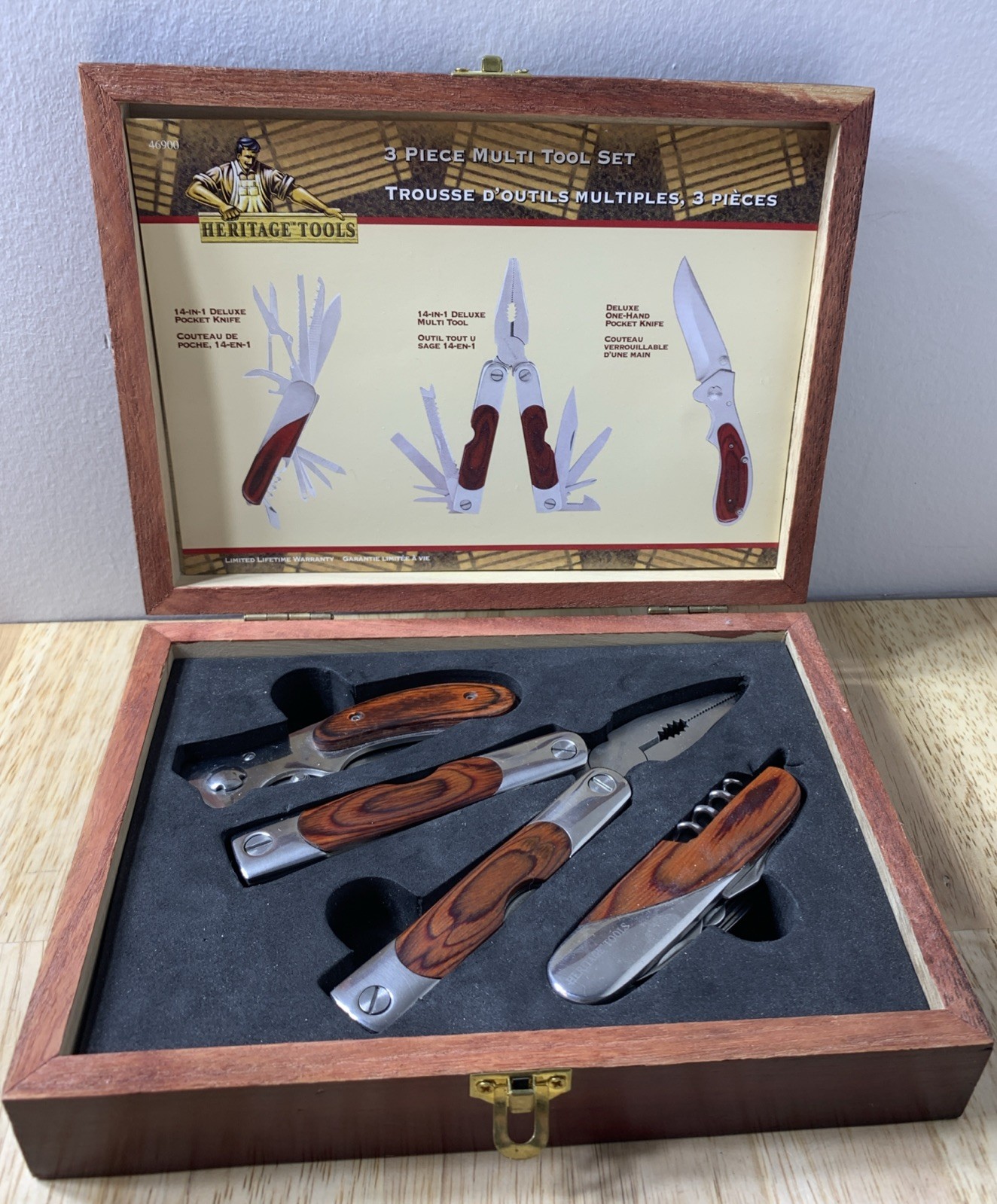 Heritage Tools 3 Piece Multi Tool Set In wood engraved Box