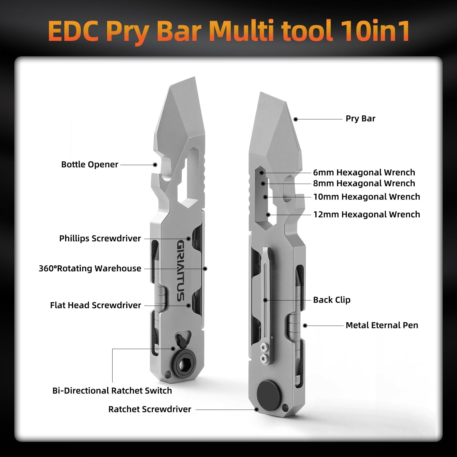 Versatile EDC Pry Bar Multitool with Ratchet Screwdriver, Wrenches, Openers & Pe
