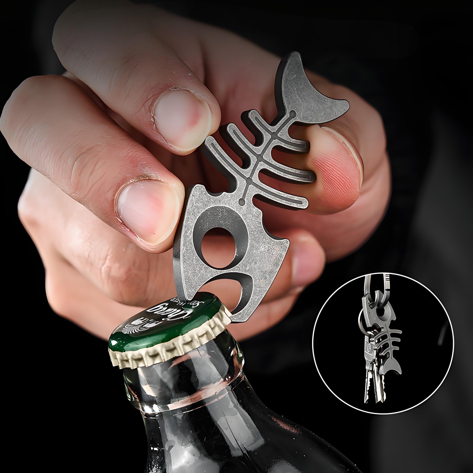 Titanium Alloy Fishbone Keychain Bottle Opener EDC Tool Necklace Pendant