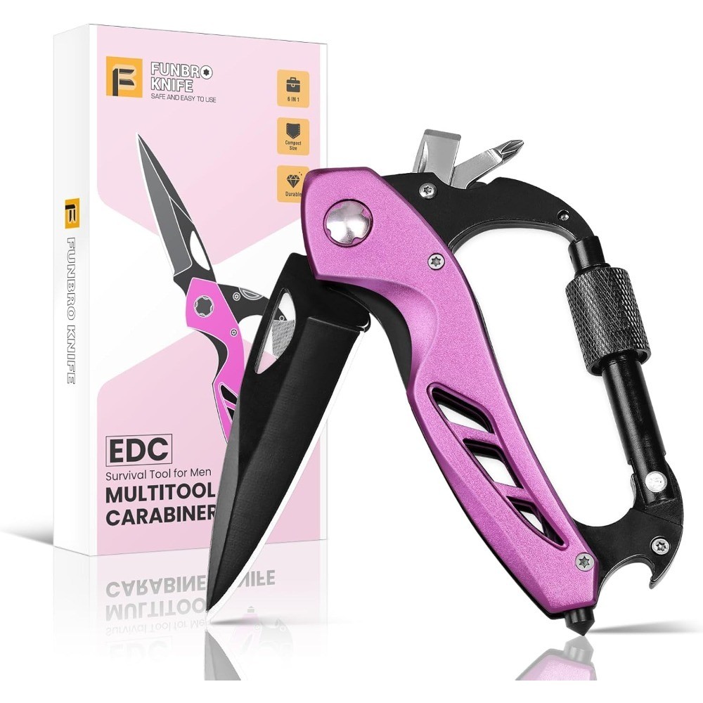 Pink Multitool Carabiner Keychain 6 in 1 Multi Tool with Window Breaker Bottle