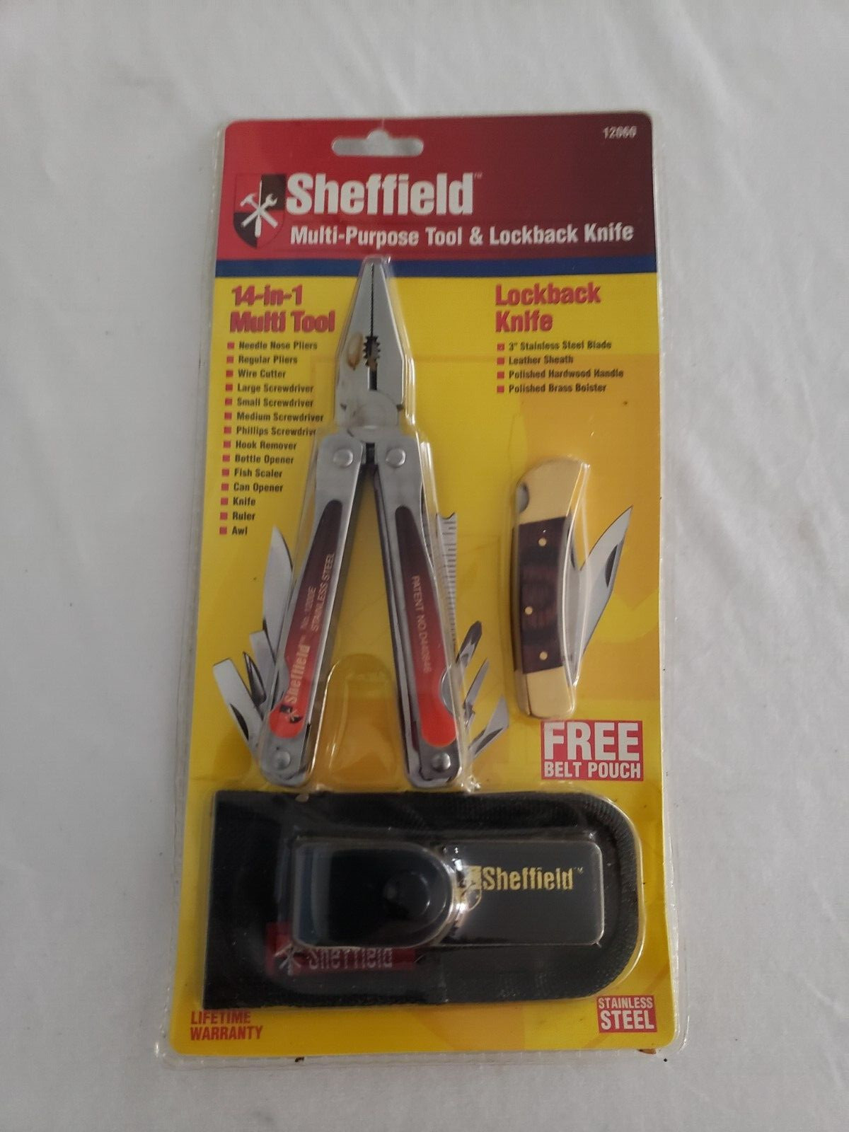 SHEFFIELD KNIFE & 14 IN 1 MULTI TOOL w BELT POUCH SET VTG 1990’s SEALED