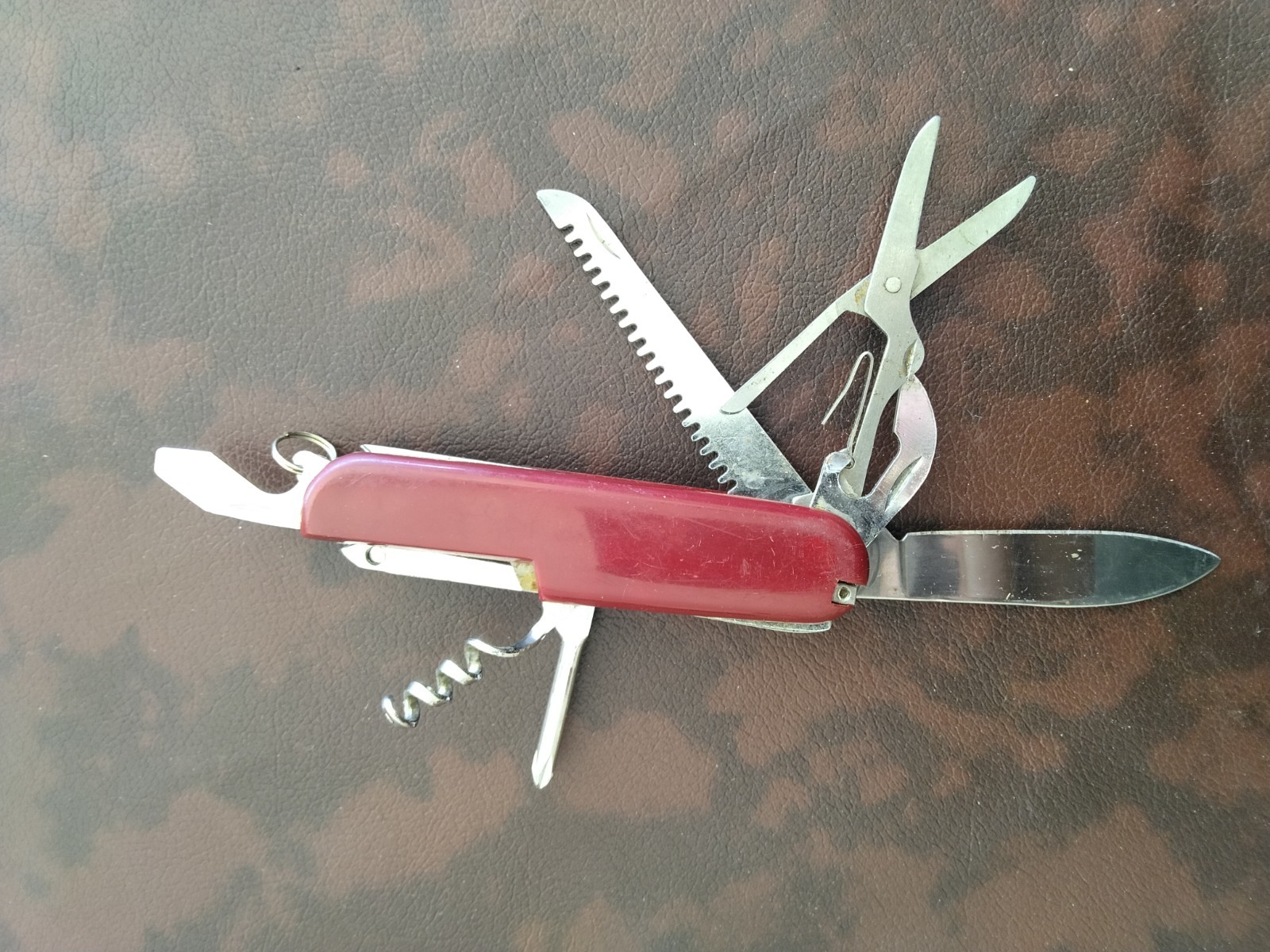 Red Multi-Tool Pocket Knife Stainless Steel with Saw, Scissors, Corkscrew