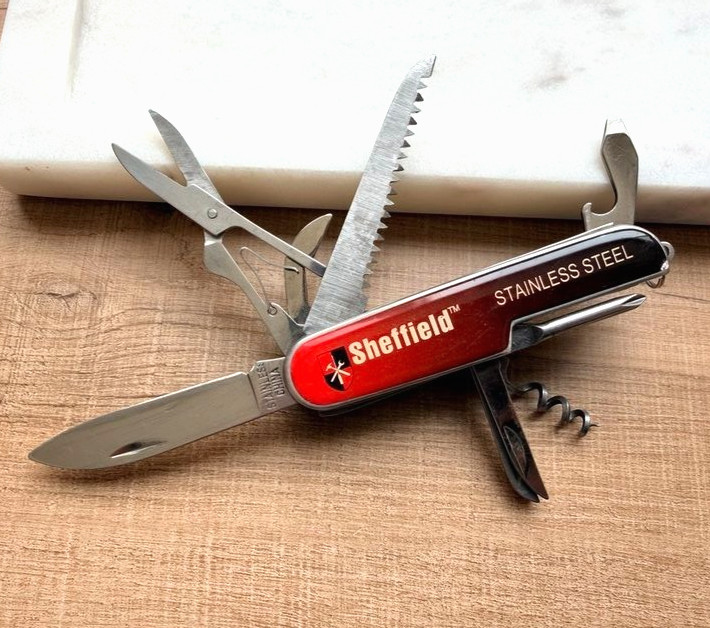 Sheffield Stainless Steel Multi-Tool Pocket Knife Corkscrew Saw Scissors & More