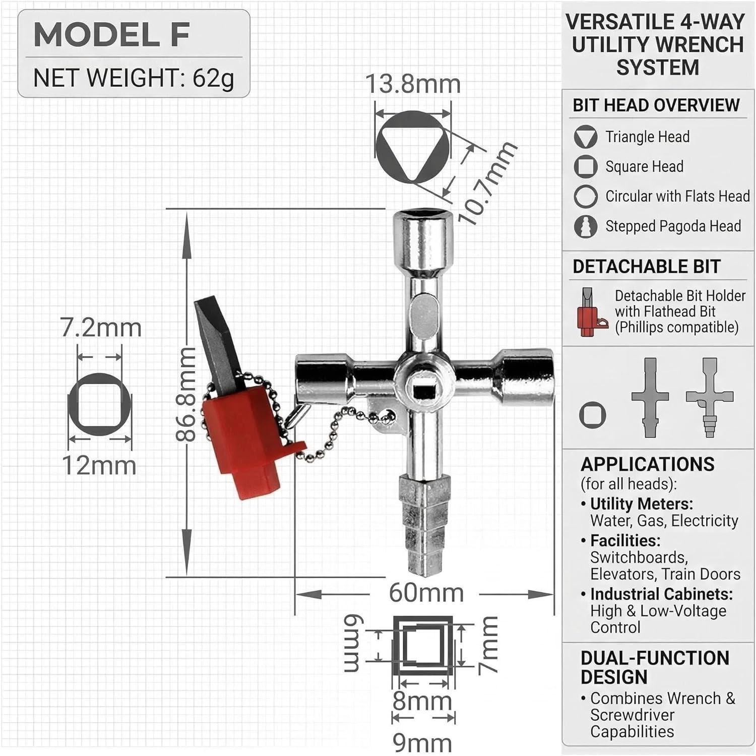 2Pcs 4-In-1 Universal Utility Key, Zinc Alloy Plumber Electrical Tools, Durable