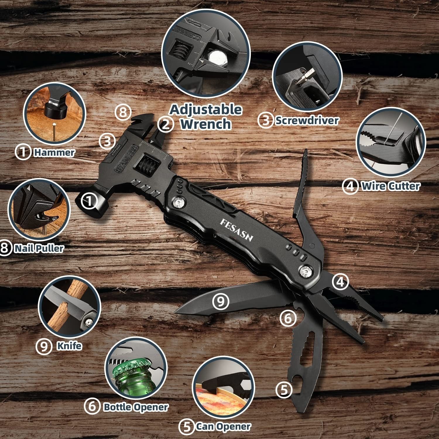 16-in-1 Adjustable Wrench Multitool Hammer | Pocket Pliers, Stainless Steel, Sur