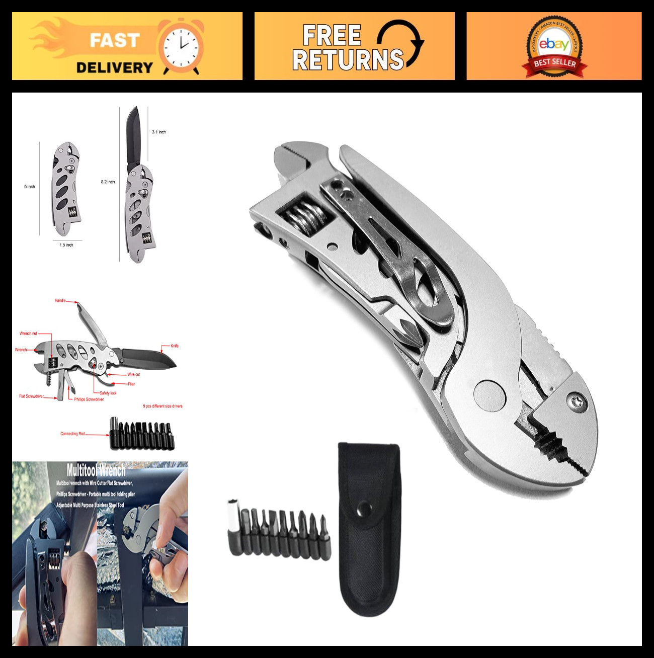 7-in-1 Multitool Wrench – Portable Adjustable Pocket Tool, Pliers, Screwdrivers