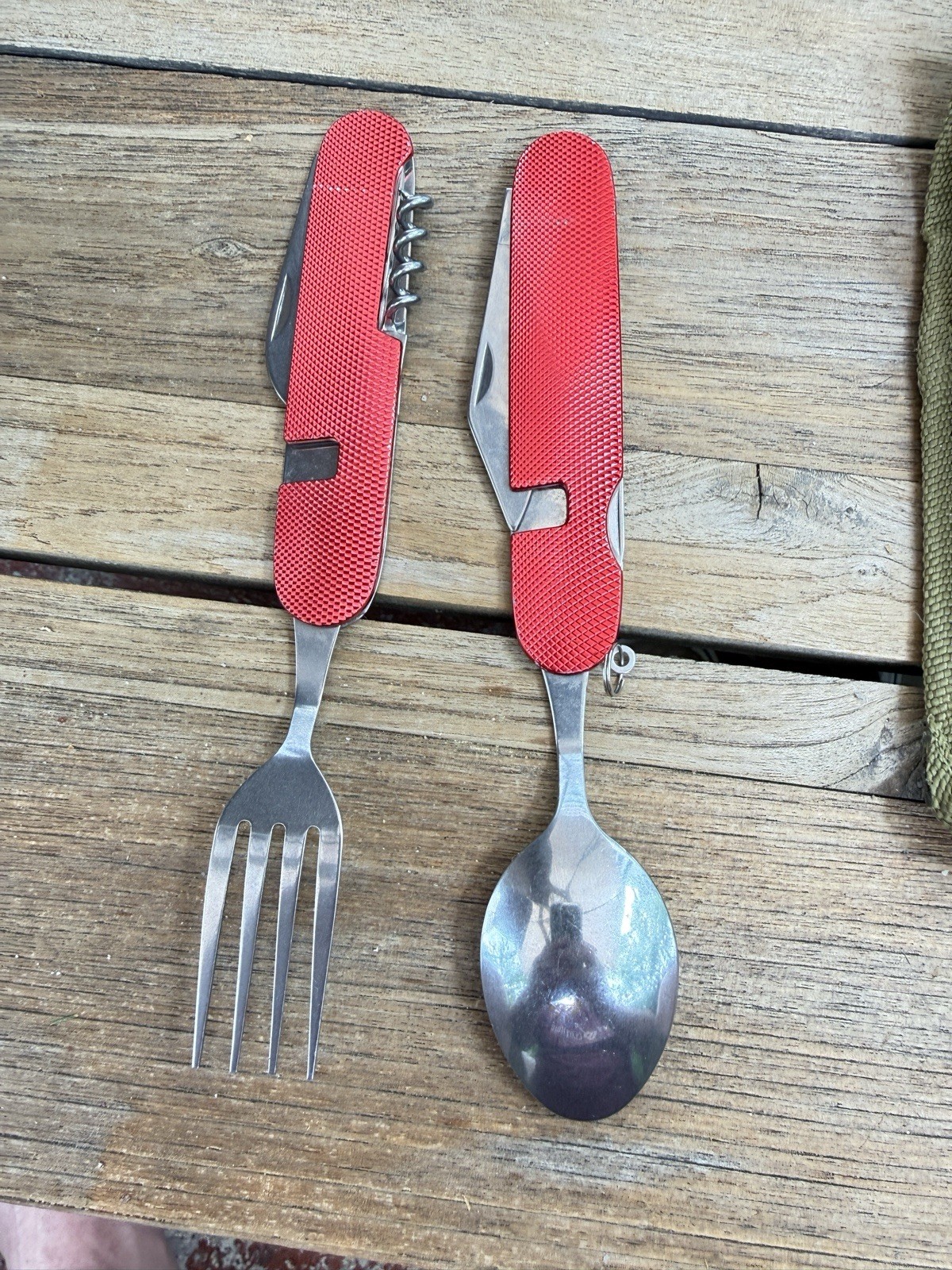 Lot of 2 Camping Utensil Multi-Tools Folding Spoon Fork Knife Corkscrew Hiking