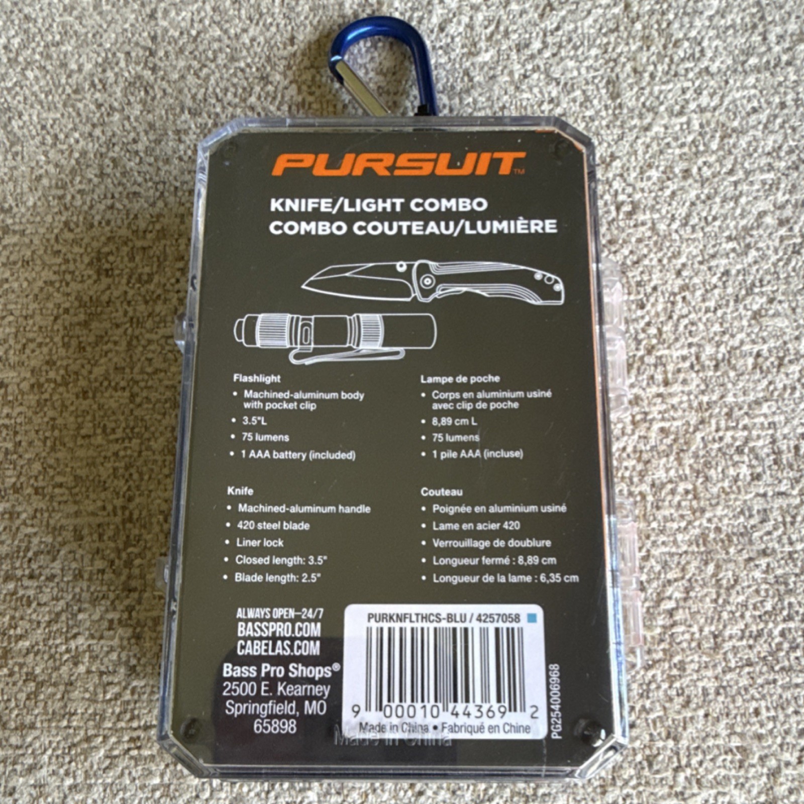 Pursuit Knife/Light Combo, Straight Edge 420 Steel, Blue, Aluminum