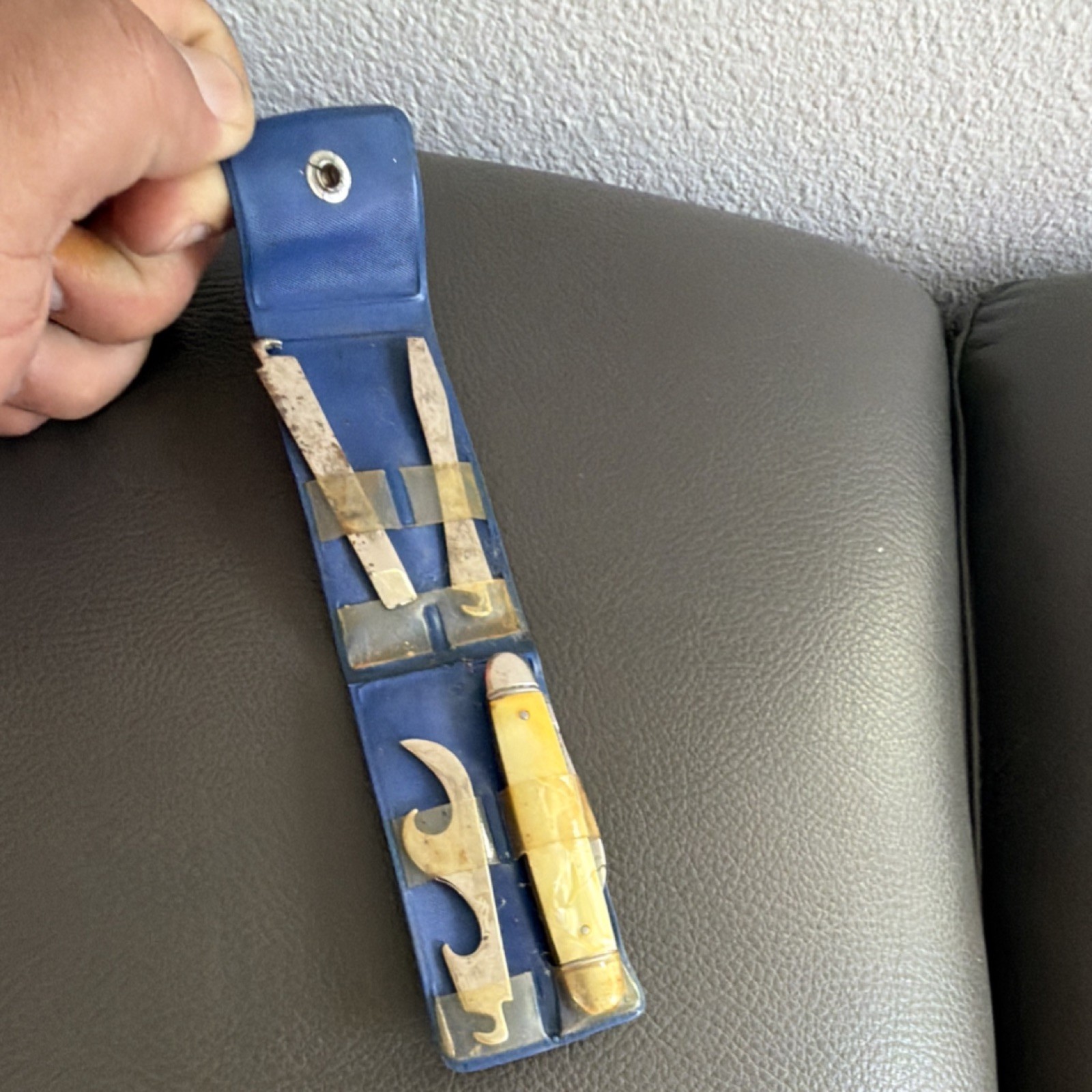 Blue Multi-Tool Set, 4 Tools, Knife, Bottle Opener, Can Opener, File, Metal