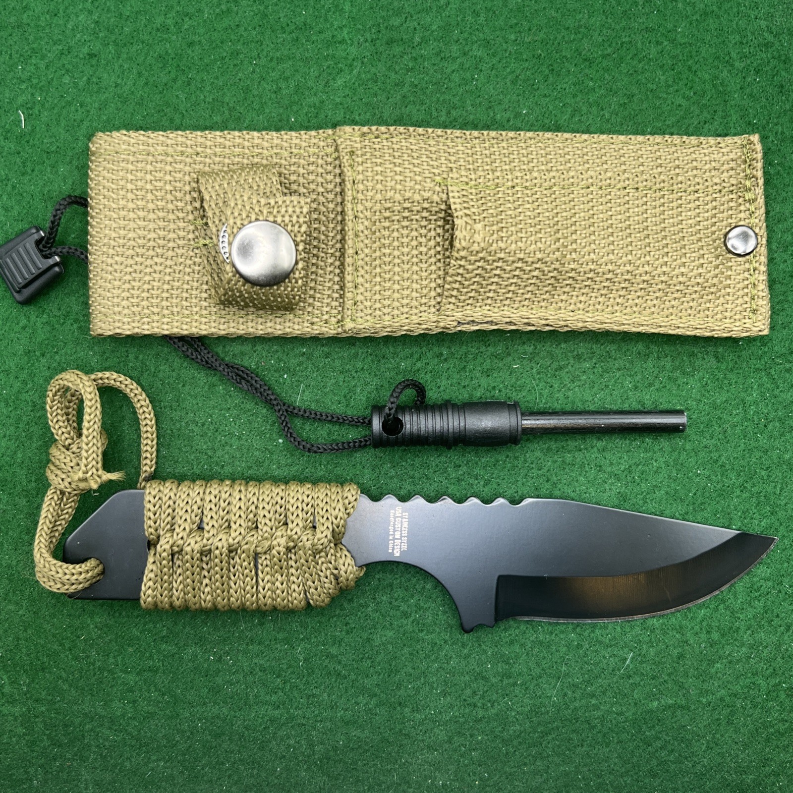 Khaki Survival Paracord Knife w/Fire Starter – Sheath – Pocket For Starter New