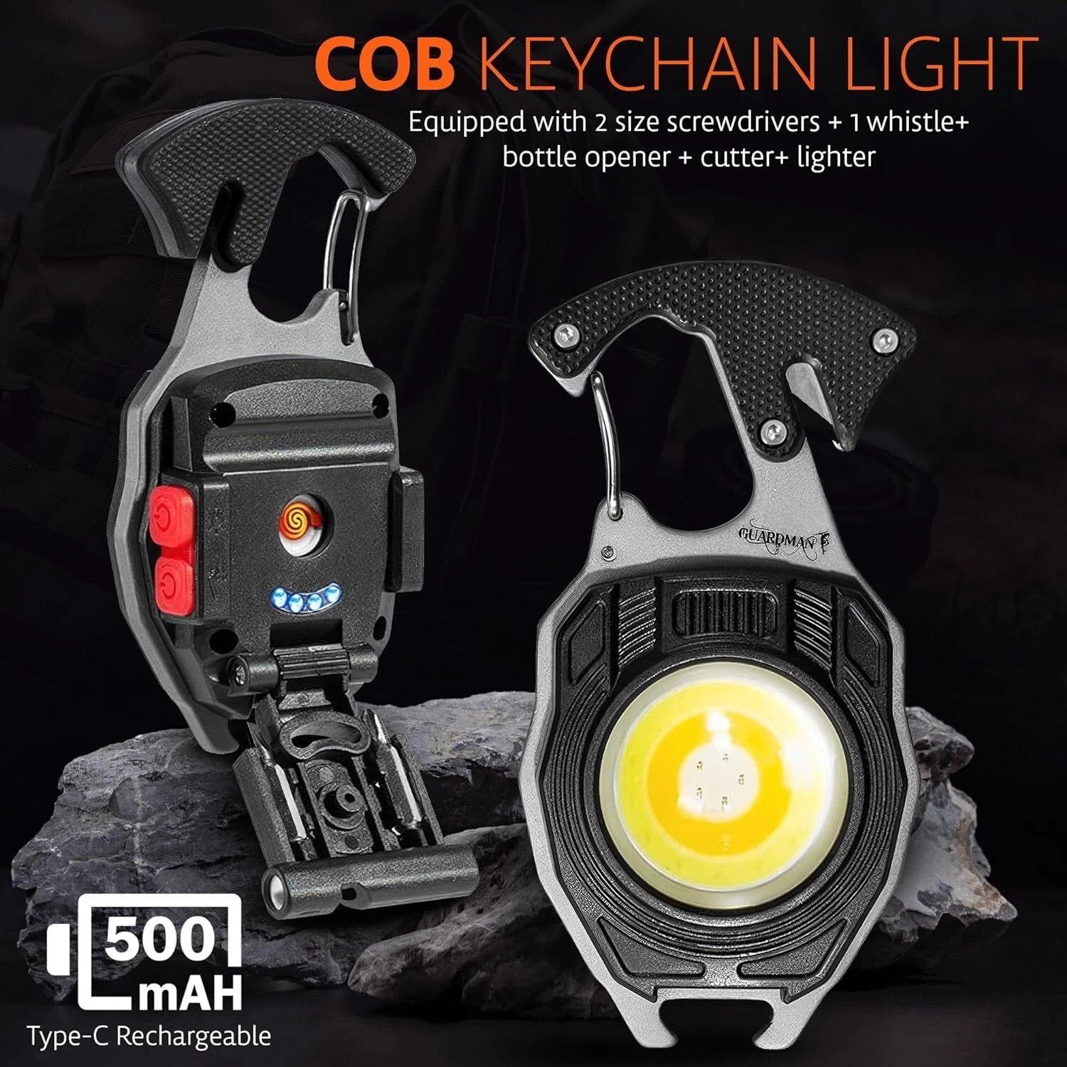 Survival Tool Fire Starter Emergency Light Carabiner Flashlight Multi Tool