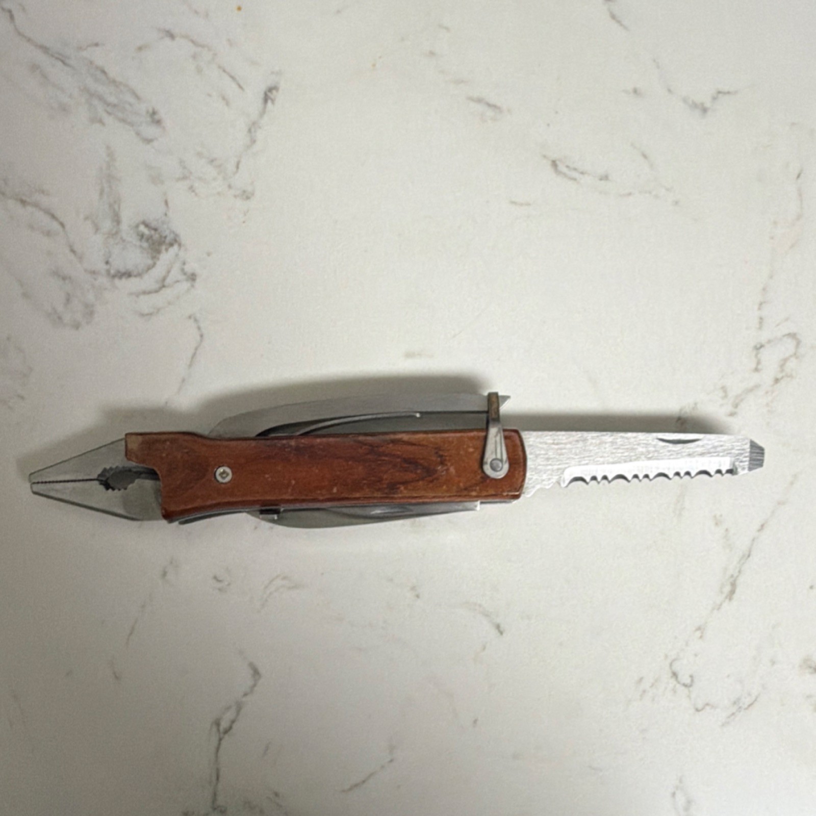 USMC Multi-Tool with Pliers, Knife, Serrated Blade, Wood Handle, Stainless Steel