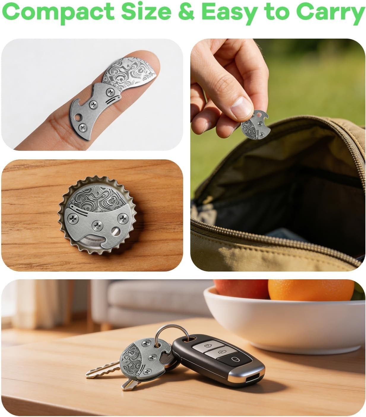 Mini Coin Keychain Tool Titanium Compact Bottle Opener & EDC Cutter Damascus