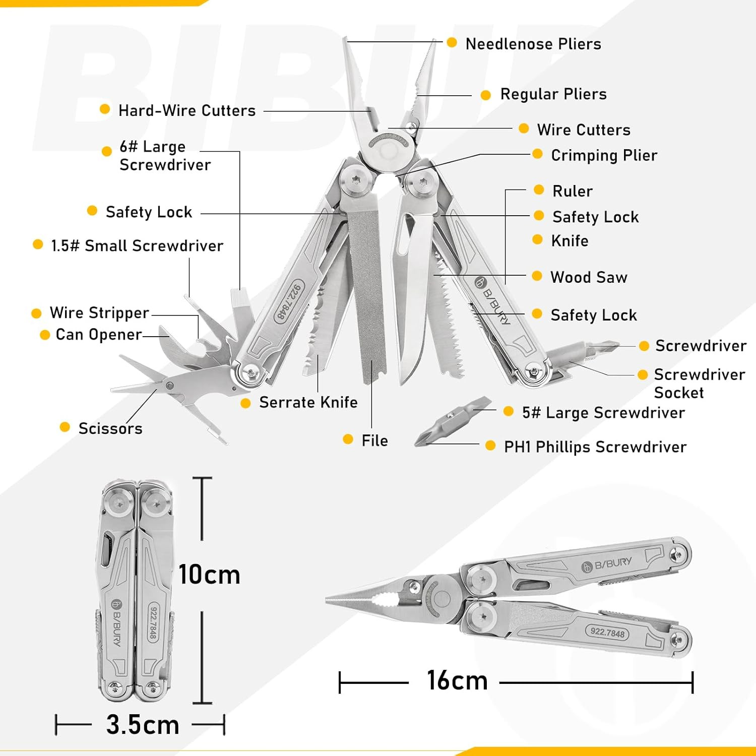 Multitool BI2038A, 19-In-1 Stainless Steel Multi Tool with Fold-Able Pliers, Scr