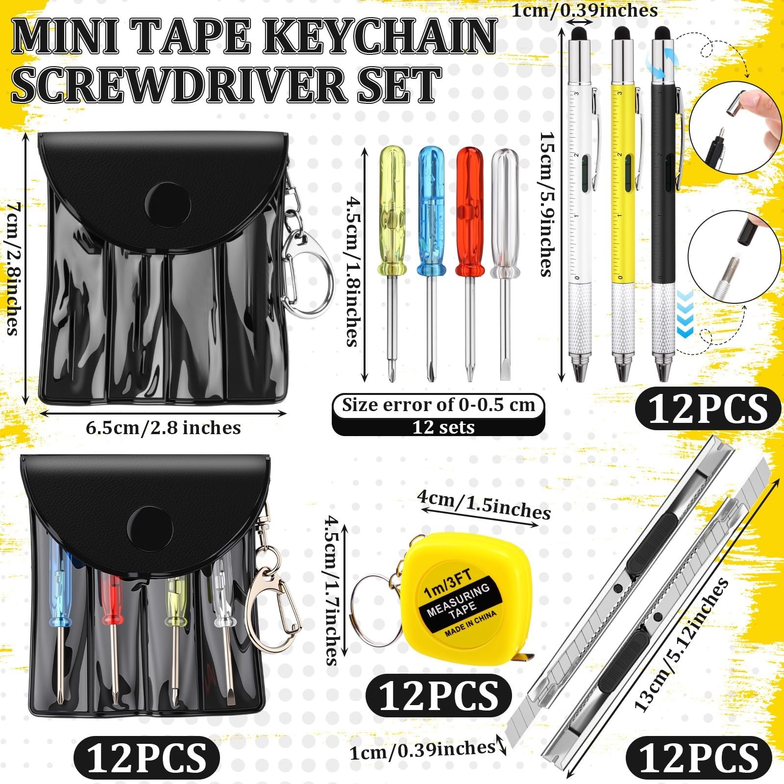 48 Pcs Mini Screwdriver Keychain Tape Measure Multitool Pen Box Cutter Set – Gif