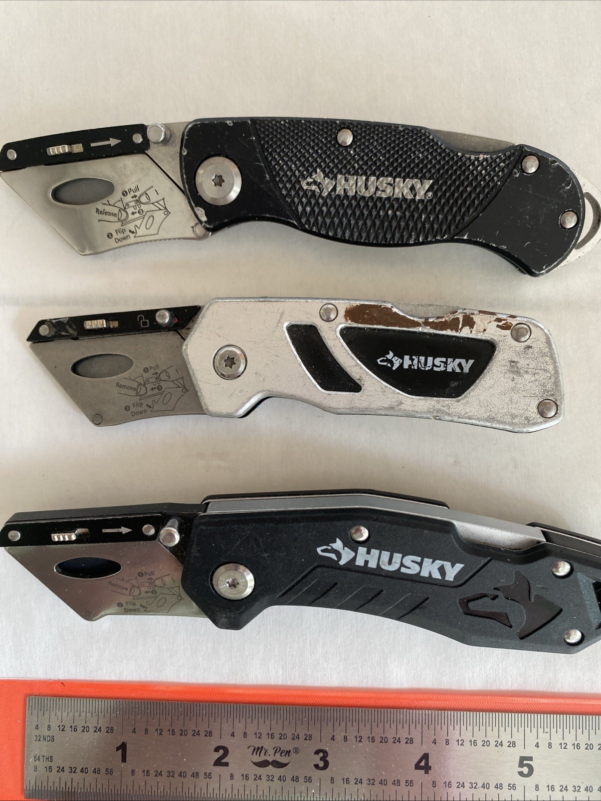 Lot Of 3 Husky Black Folding Lockback Pocket Utility Knife Set, Box Cutter Tool