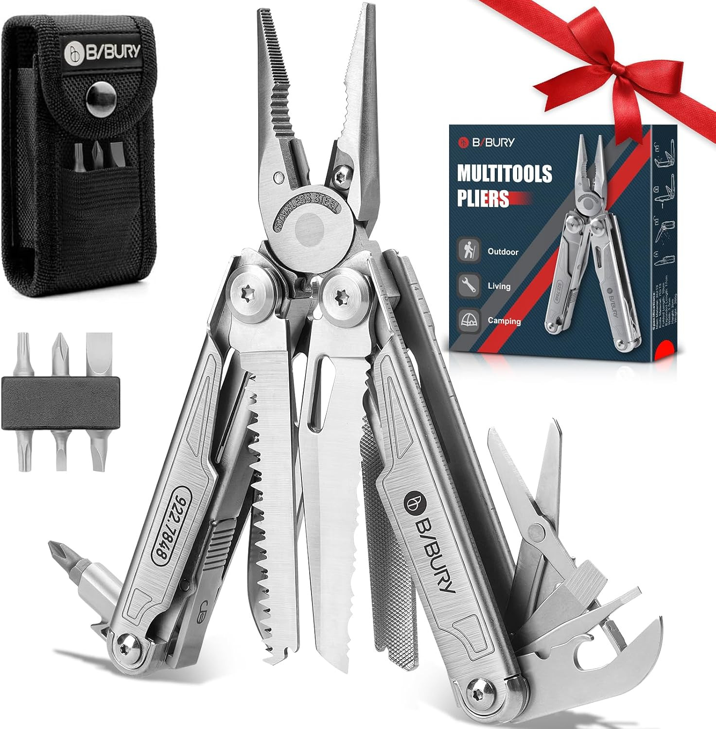 BIBURY Multitool with Pocket Knife, 19-In-1 Stainless Steel Pliers with Scissors