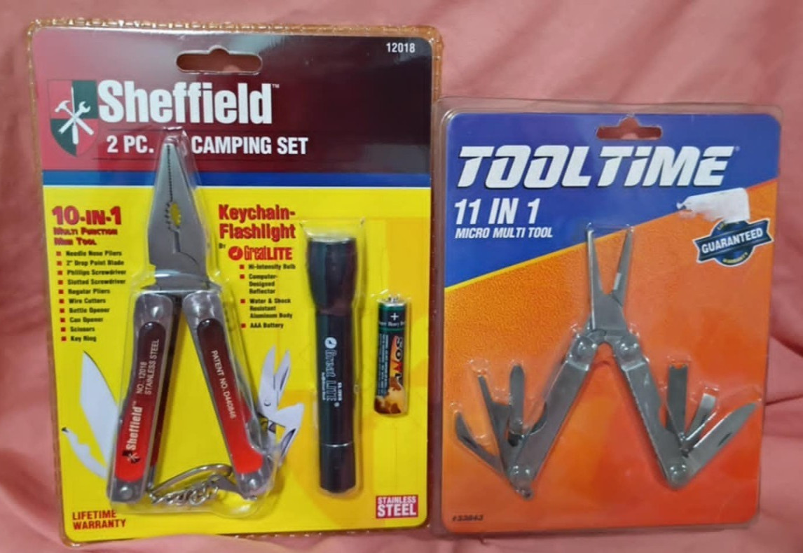 2-PC Multi Tool Bundle–Sheffield 10-in-1 Camping Set+ToolTime 11-in-1 Micro tool