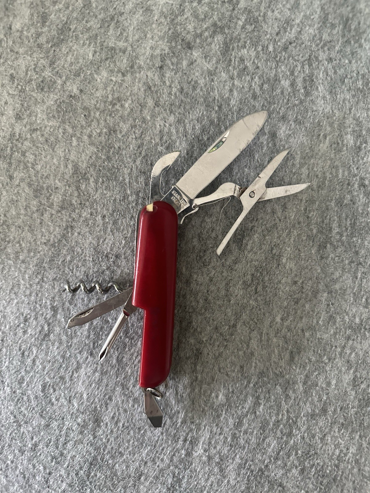 Vintage Multi Tool Pocket Knife Red Swiss Army Style w/ Scissors Corkscrew