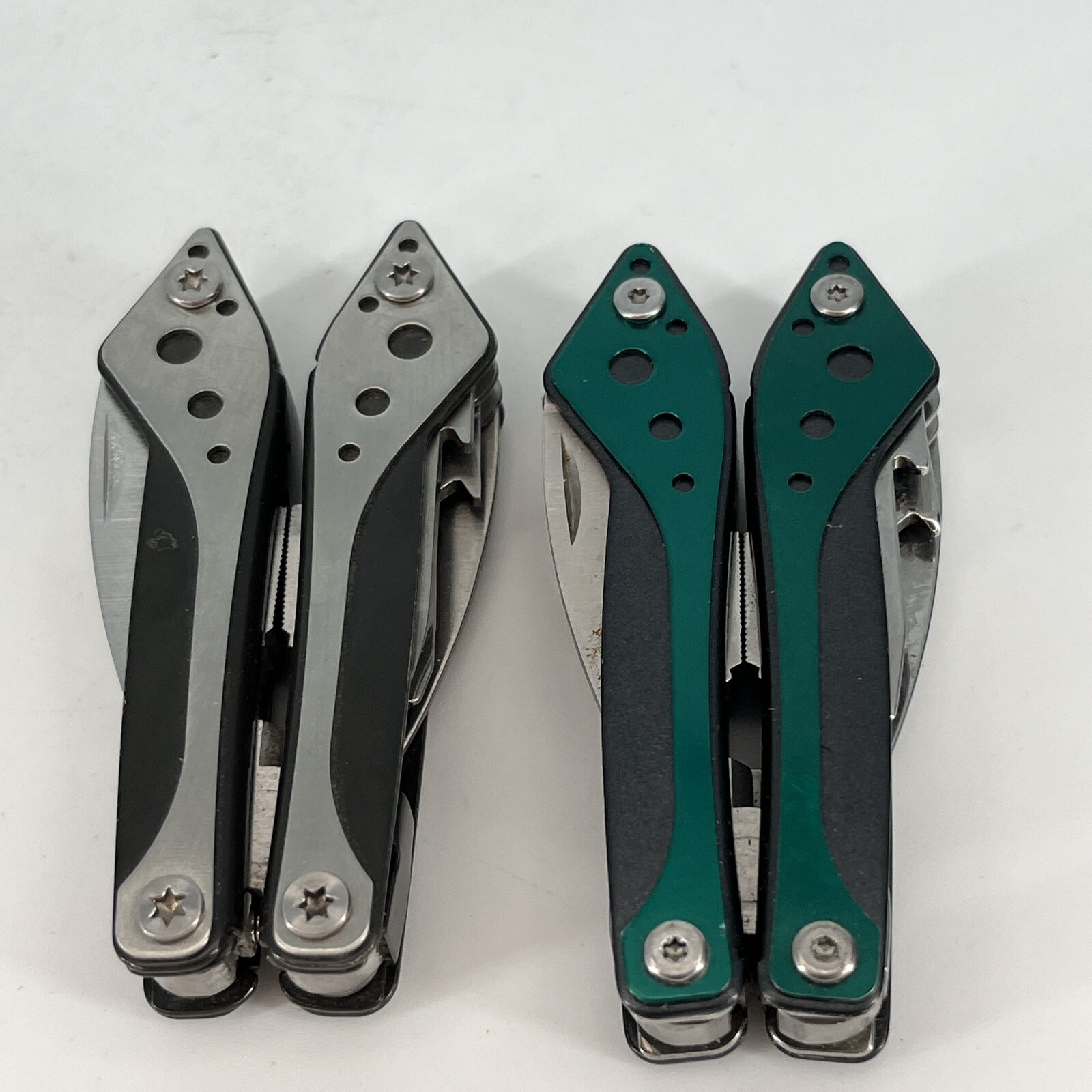 LOT OF 2 Cabela’s SILVER & GREEN Mini Multi-Tool Spring Open Pliers Scissors Saw