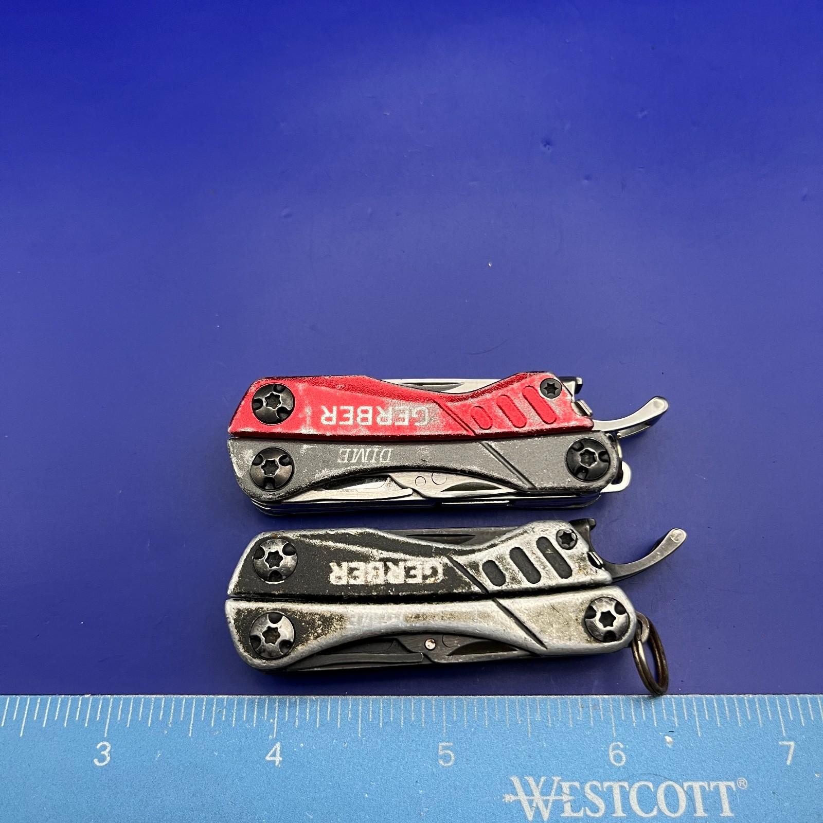 Lot of 2 Gerber Dime Multi-Tools Small Keychain Pliers Knife File Scissors