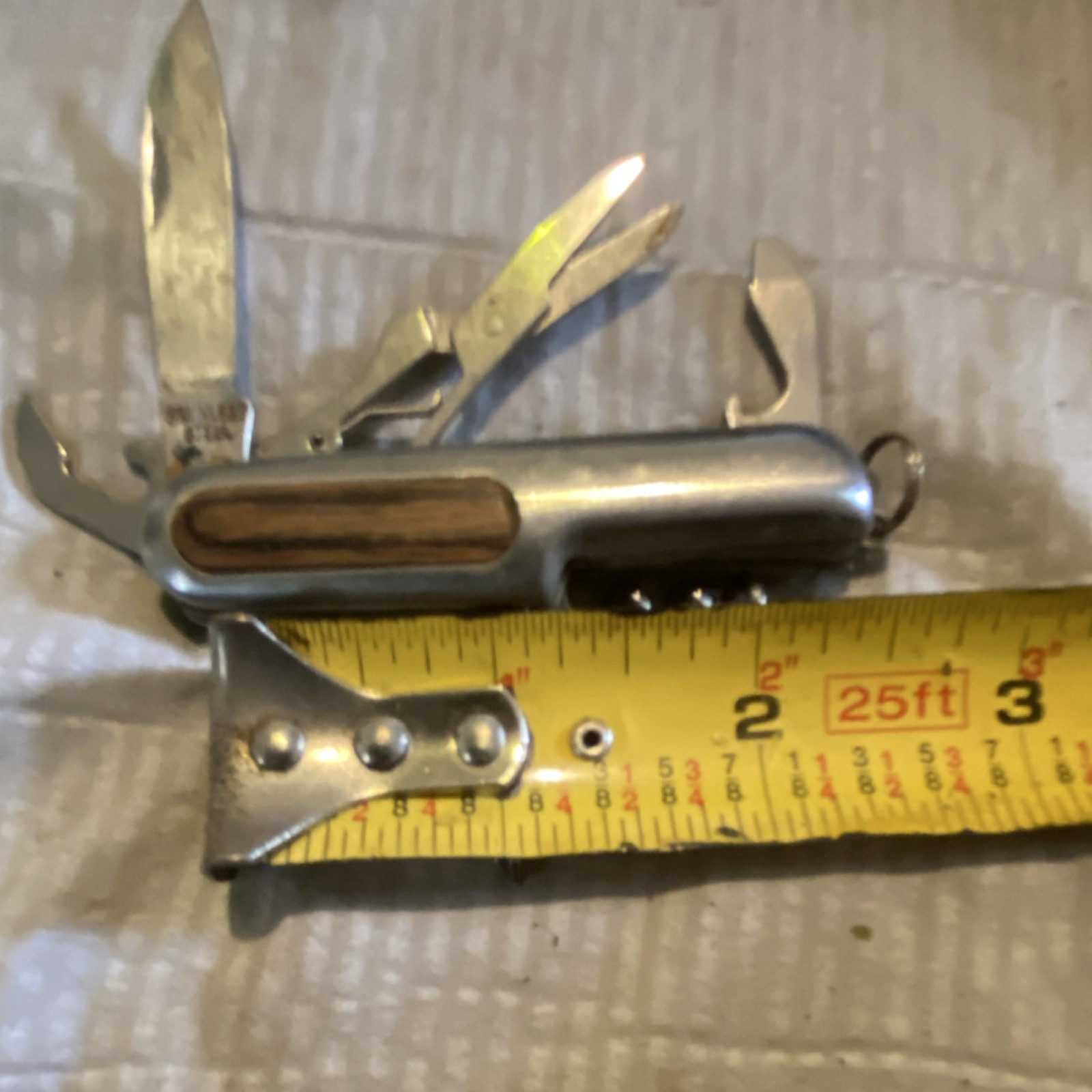 Stainless Steel & Wood Multi-Tool, Knife, Scissors, Corkscrew, Opener