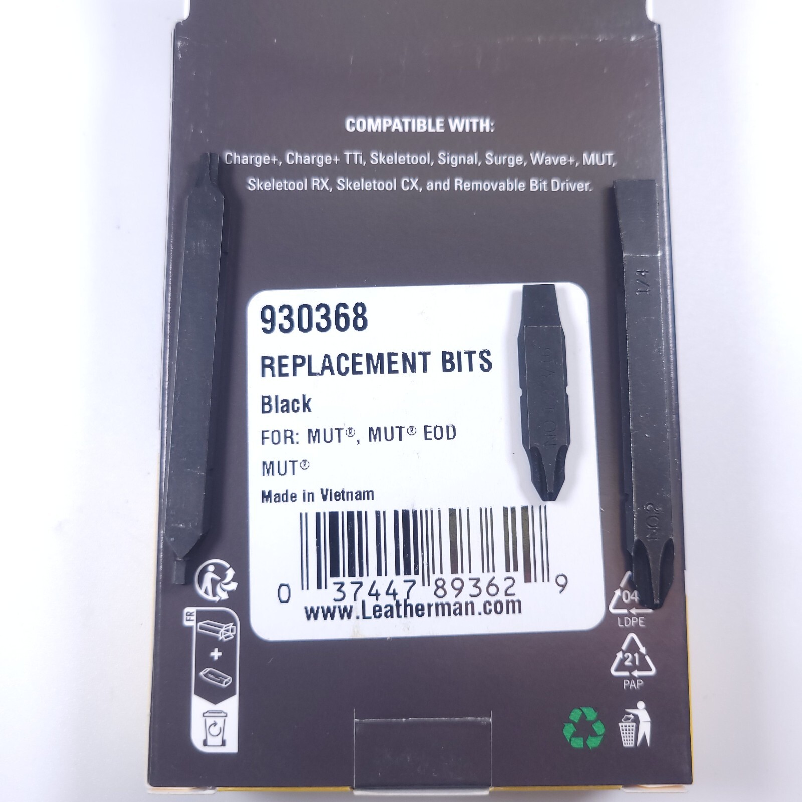 Leatherman MUT, EOD Replacement Bits #2 Phillips, 1/4″ Flat, 1-2 3/16 T15 930368