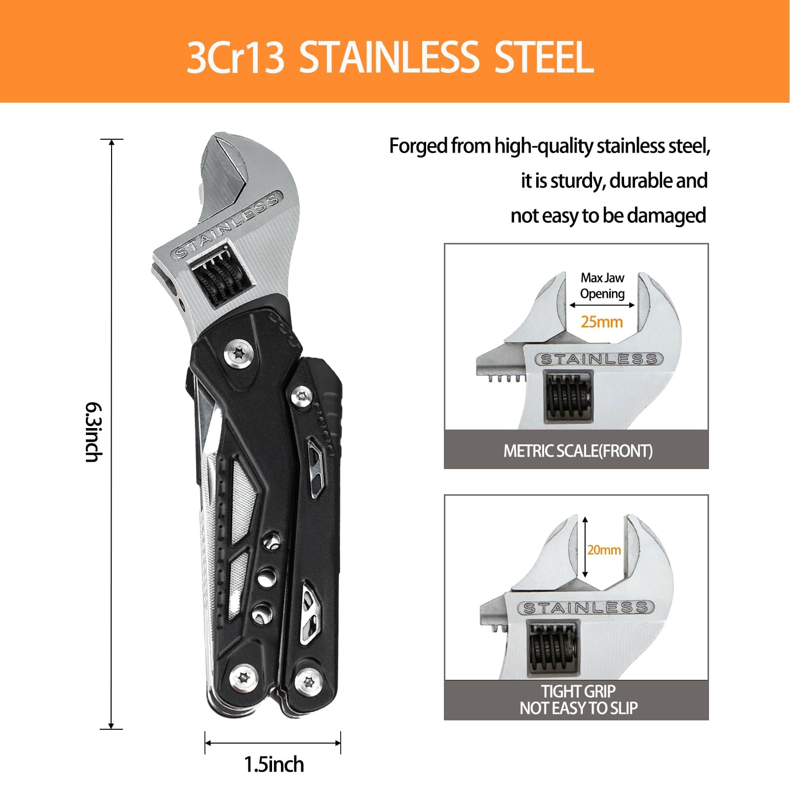 14-in-1 Adjustable Wrench Multitool EDC, Compact Multi Tool with Pliers, Knif…