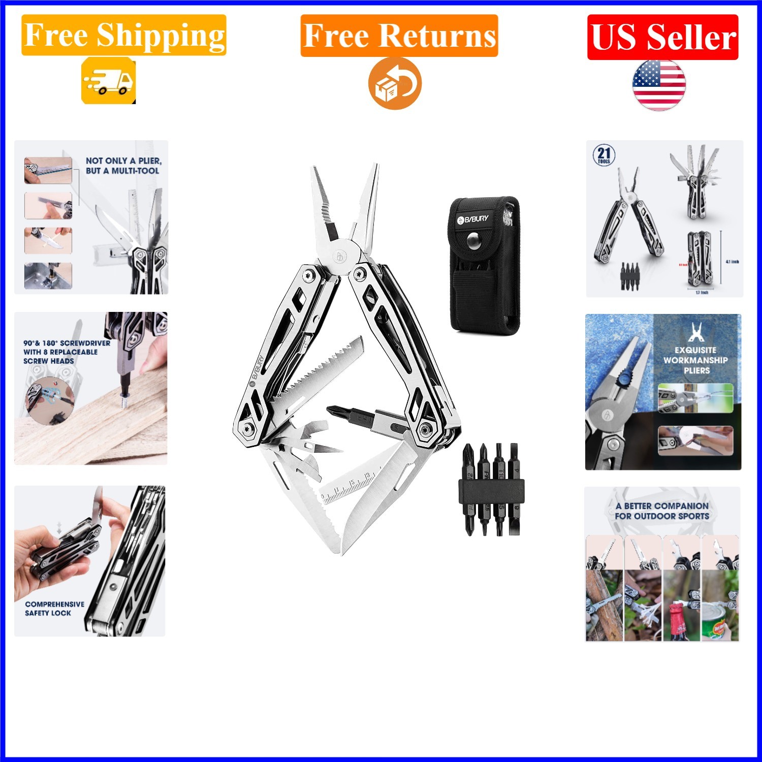 21-in-1 Stainless Steel Multitool Pliers with Knife for Camping, Survival, Gift