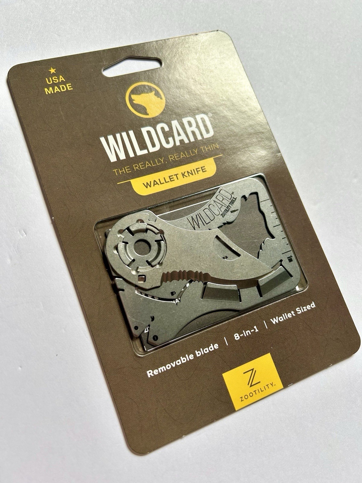 NEW! Zootility WILDCARD WALLET KNIFE 8-in-1 Multi-Tool, Stainless Steel, 2×3”