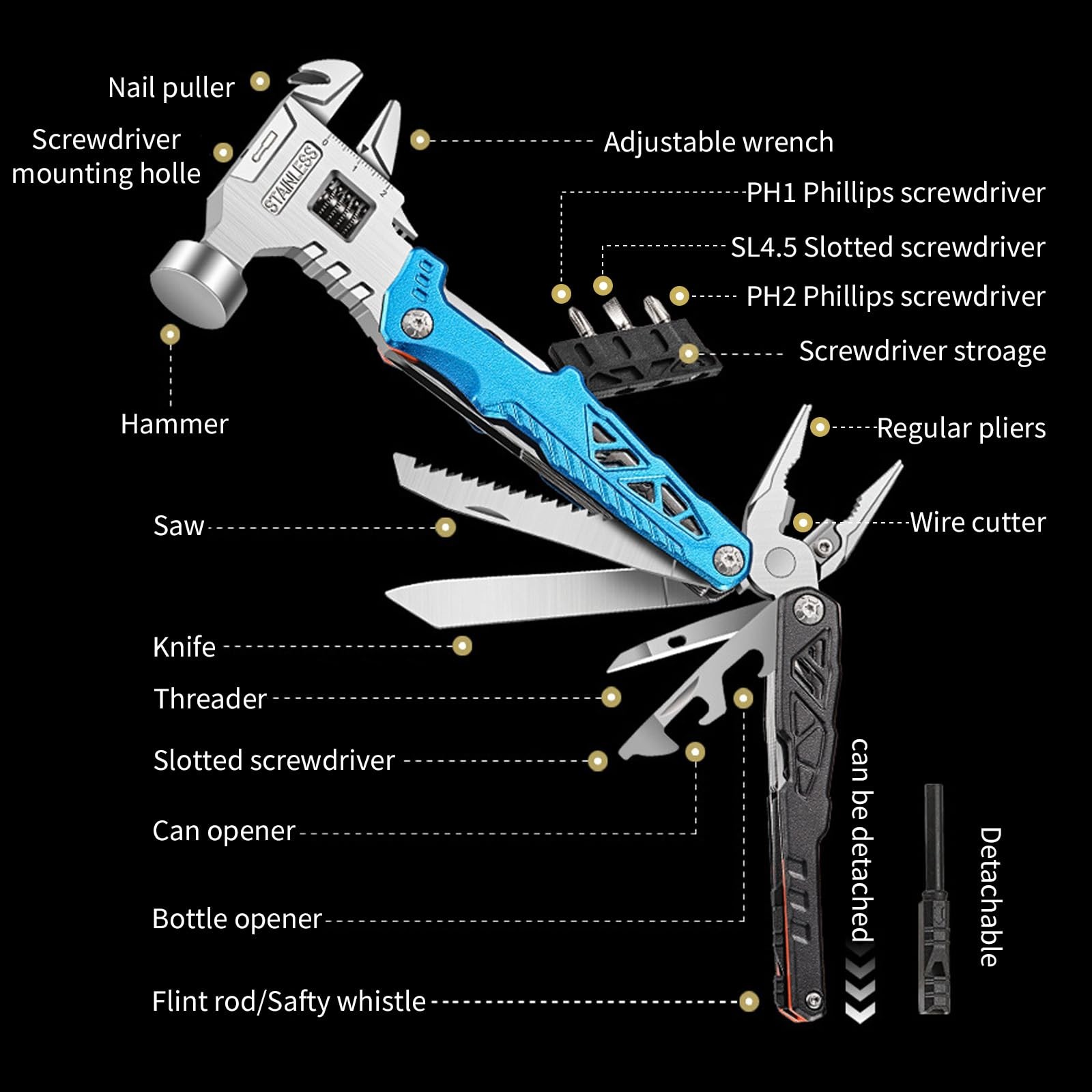 18-in-1 Multitool Hammer with Adjustable Wrench, Stainless Steel Multi Tool P…