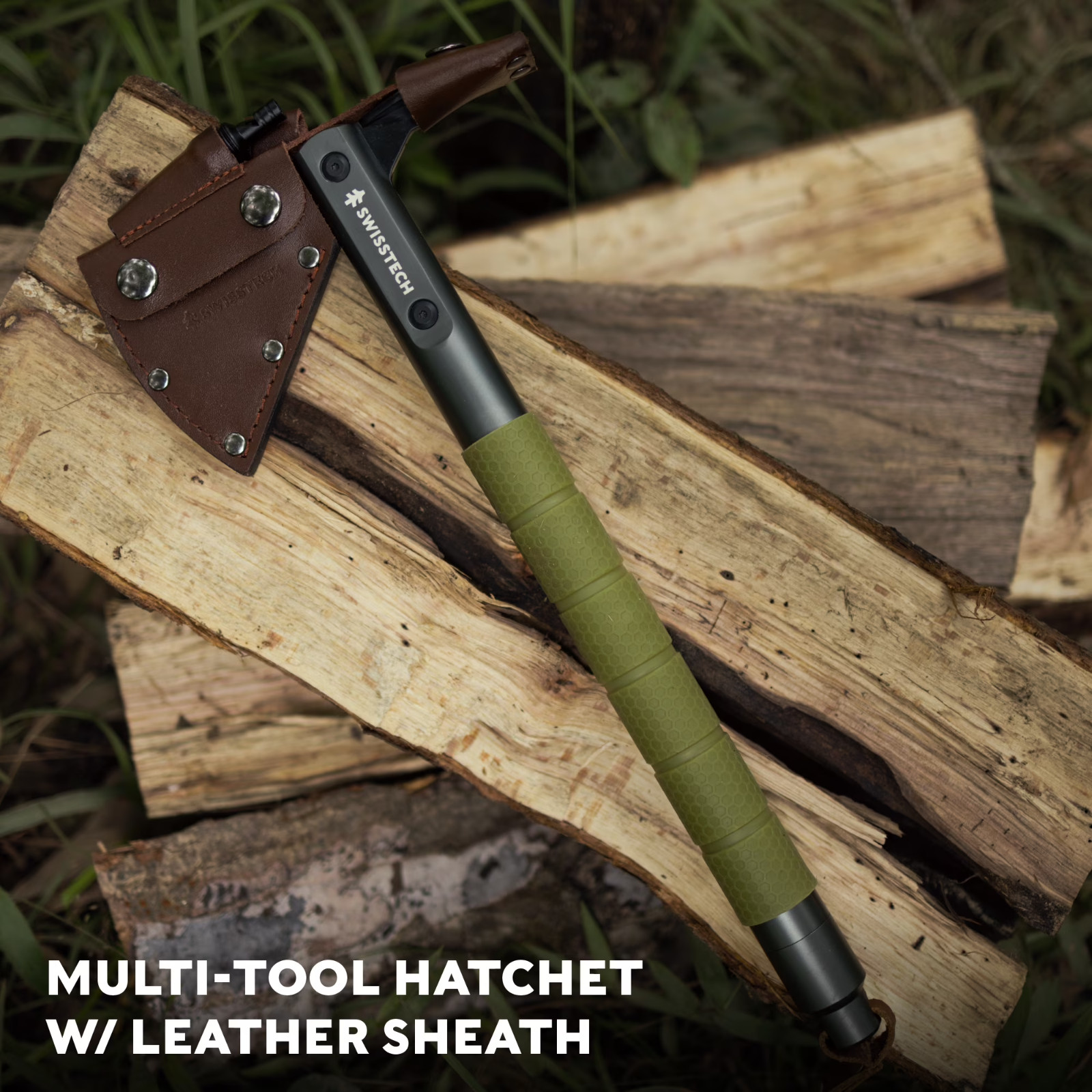 Swiss Tech Multi-Tool Hatchet with Pocket Knife, No-Slip Silicone Grip, Green