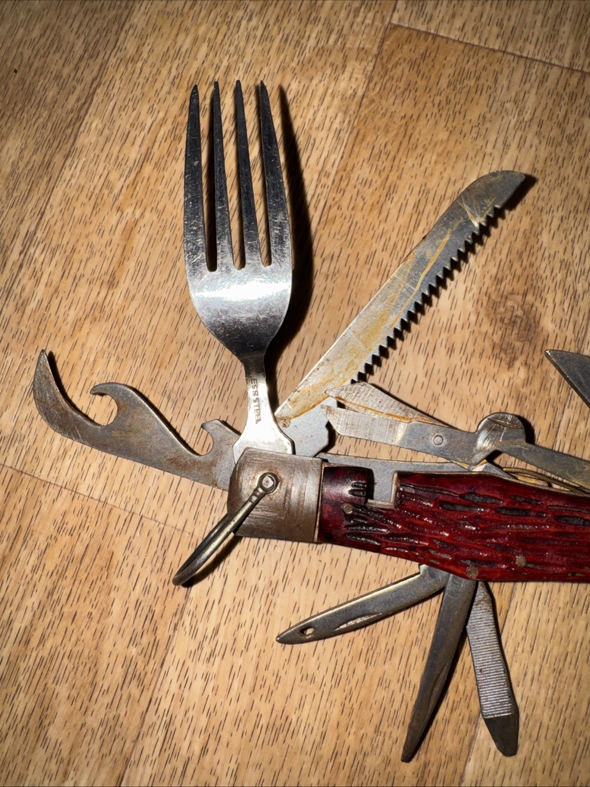 Vtg Camp Multi Tool Folding Pocket Knife Full Size Spoon Fork Saw Knife Camping