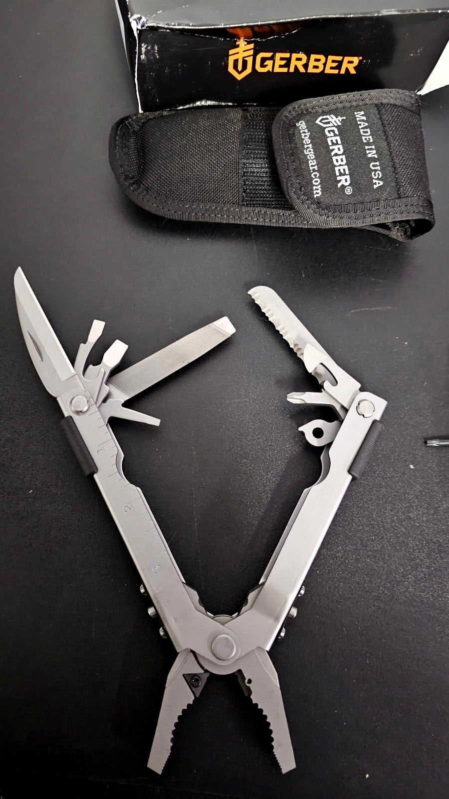 Vintage Gerber Multi-Tool Kit w/ Lock & Cloth Pouch 07500 Knife Saw Filer Pliers