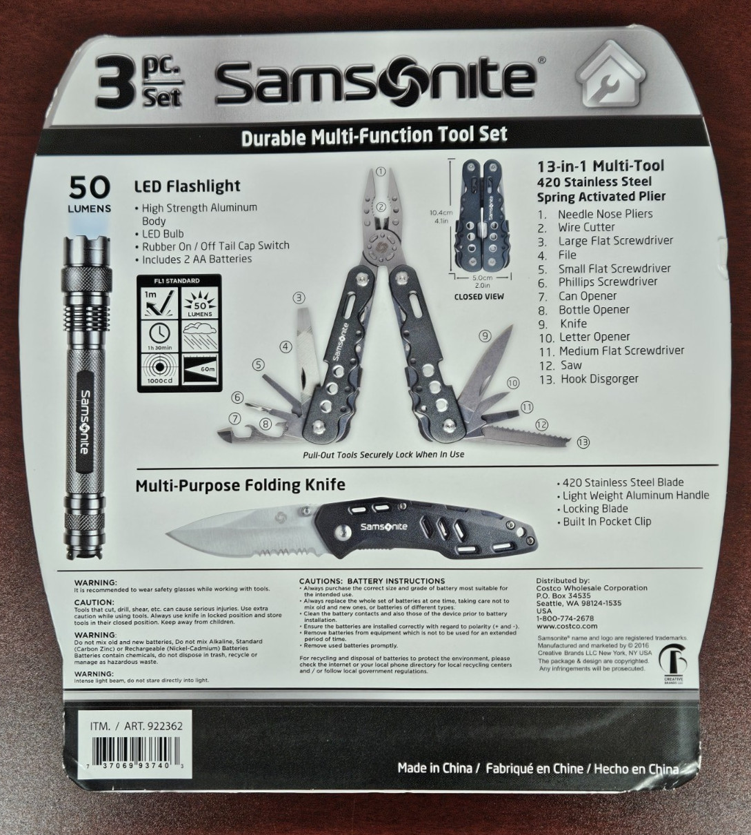 Samsonite Gift Set 13-in-1 Multi-Tool + Flashlight + Folding Knife & Batteries