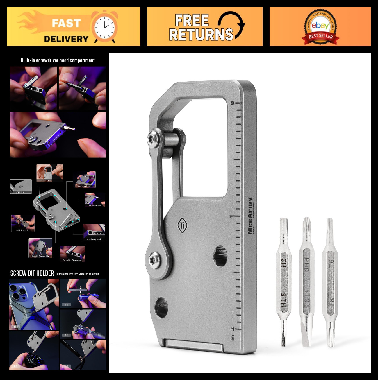 4-in-1 Titanium Multitool Pocket Screwdriver with Carabiner & Ruler – EDC Keycha
