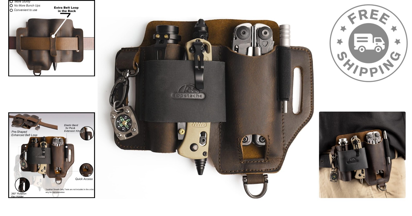 Dark Brown Leather Multitool Sheath with 3 Pouches – Perfect EDC Organizer