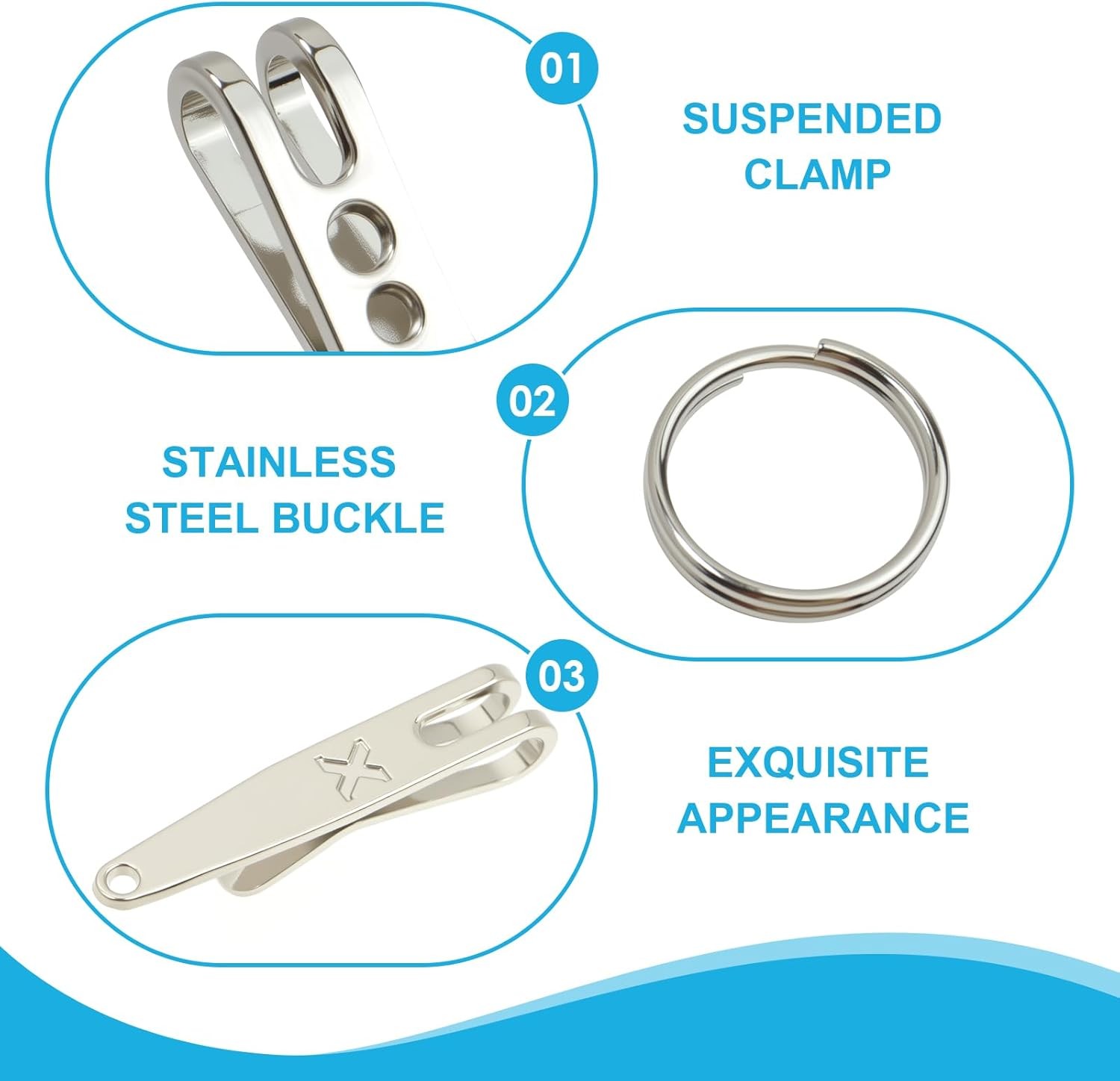 10-Pack Stainless Steel Deep Carry Pocket Clips with Key Rings for EDC & Gear