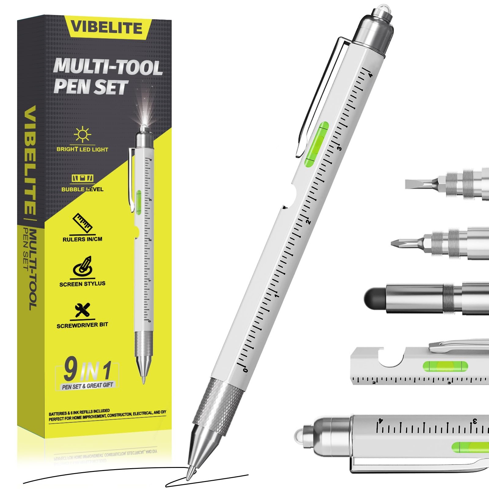 9 in 1 Multitool Pen Set Tools Gadgets for Men Dad Husband Grandpa Silver