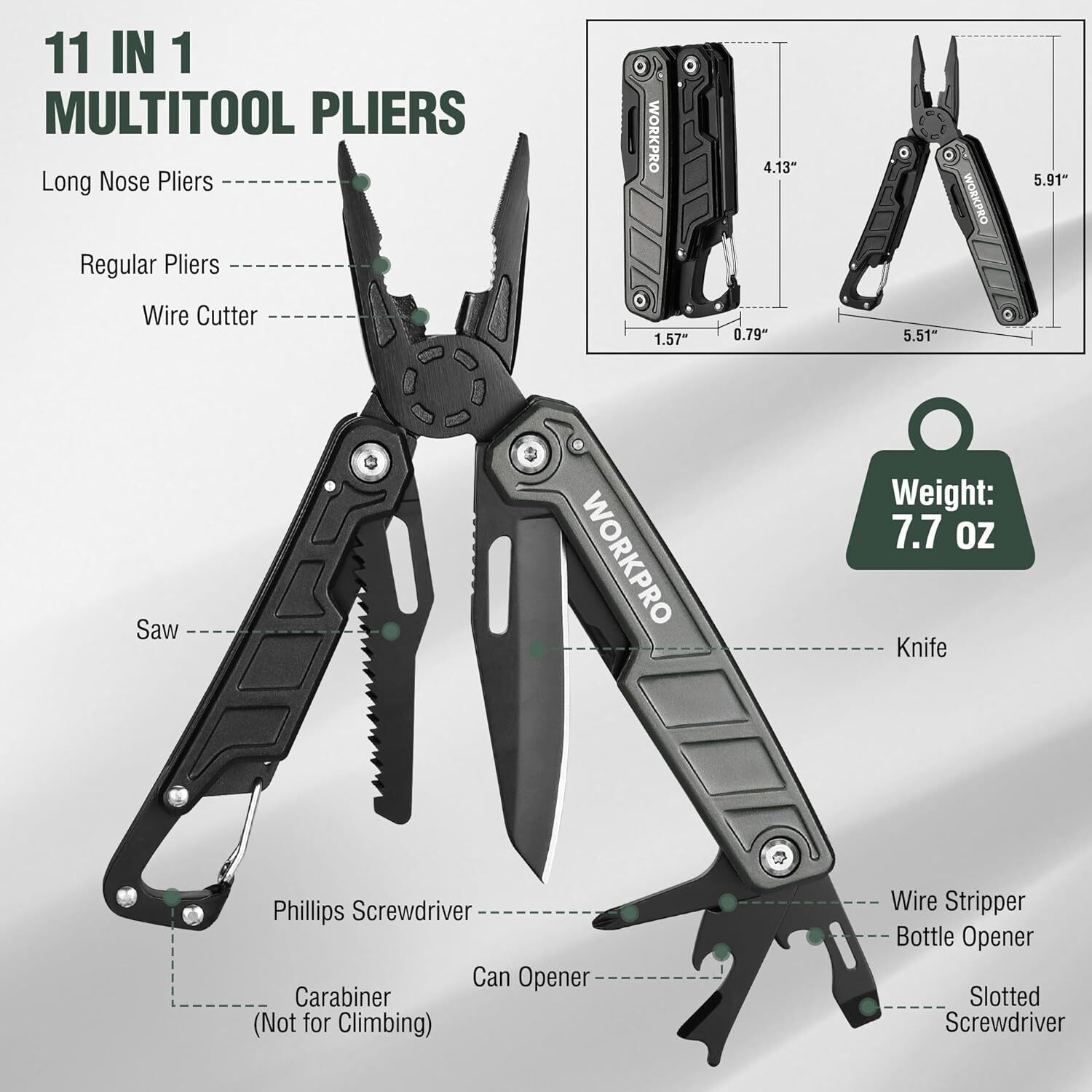 WORKPRO Multitool-11 in 1 with Pocket Clip and Sheath-EDC Safety Lock Metal NEW