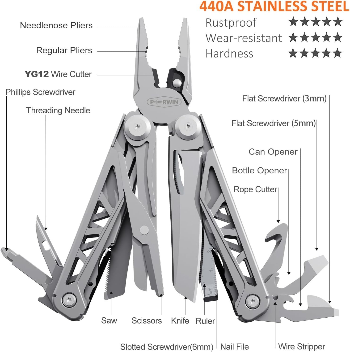 PERWIN Multitool, 17-in-1 Stainless Steel Multi Tool Pliers with Self-Locking