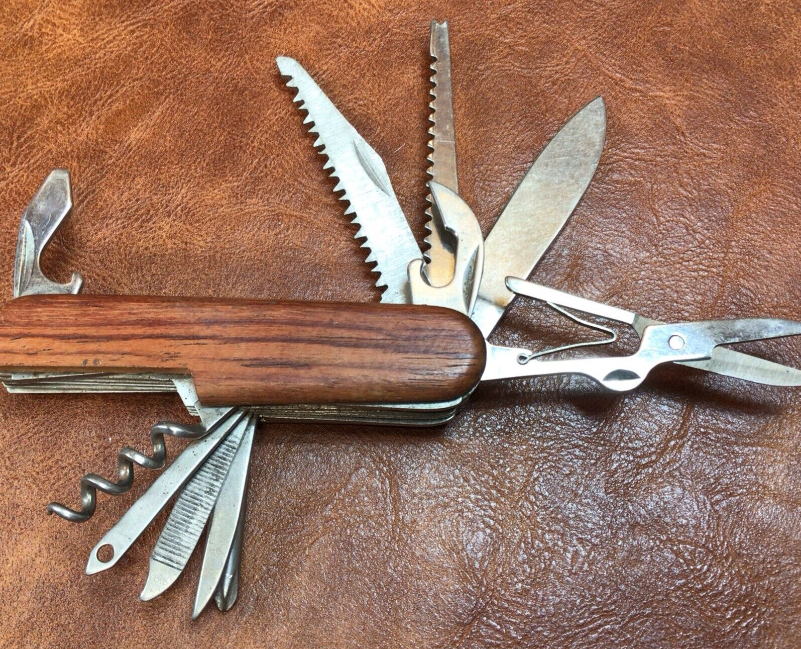 VTG Knife Multi-Tool Wooden Handle Folding Blade Cork Screw Saw Scissors