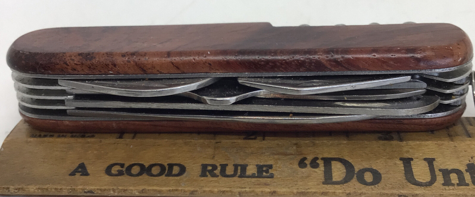 MULTI Function CAMPING TOOL KNIFE Swiss Army Style Wood Grain Engraved “WAYNE”