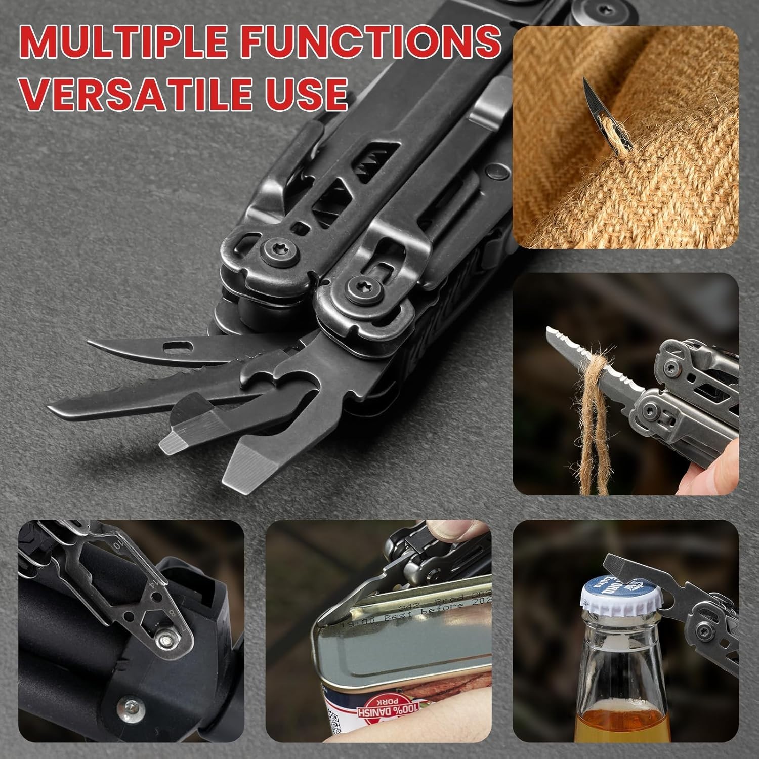 Multiherramienta 16 en 1 de acero inoxidable con alicates, llave hexagonal ajust
