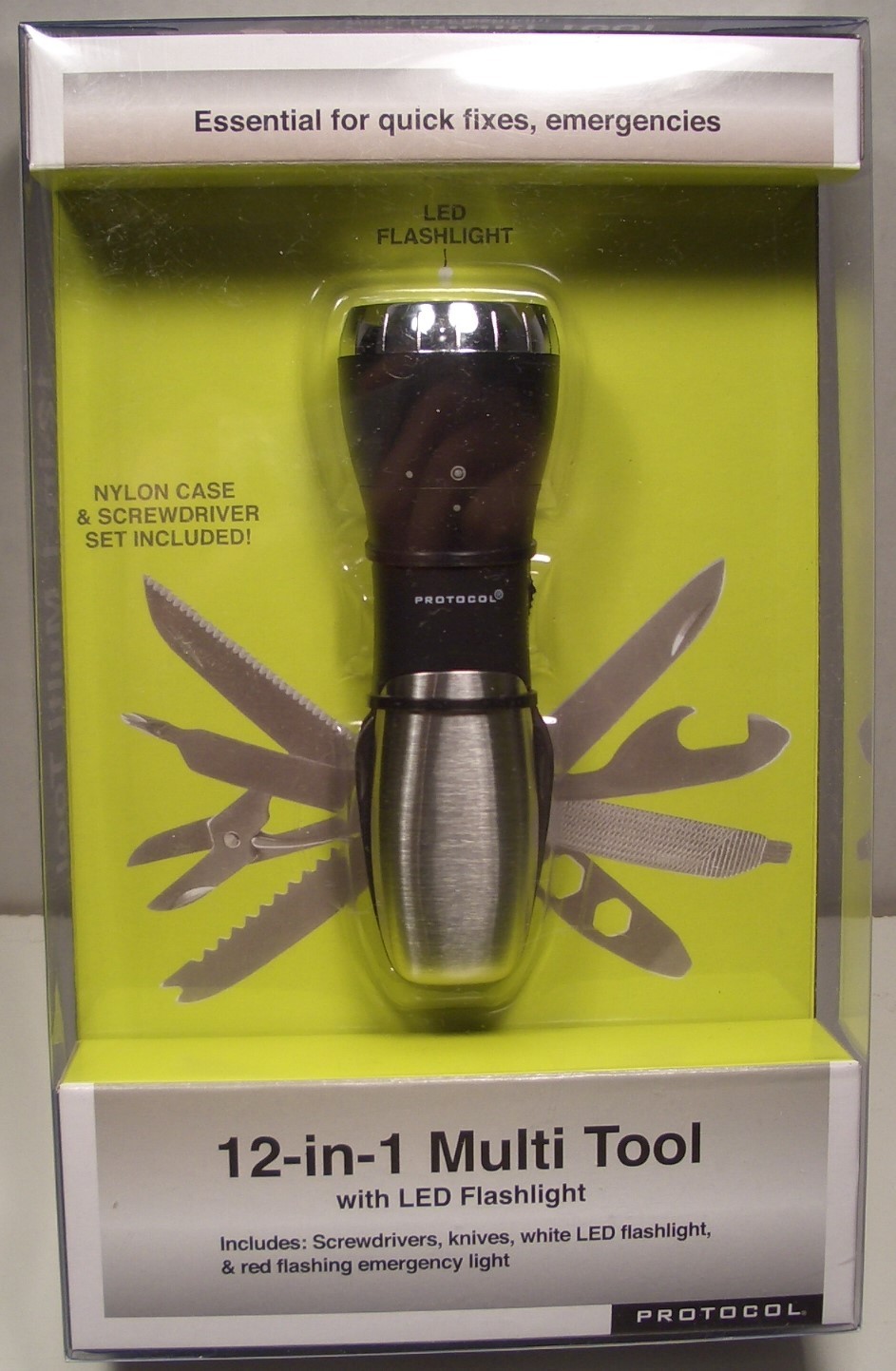 “PROTOCOL” 12-IN-1 MULTI TOOL w LED FLASHLIGHT NYLON CASE & SCREWDRIVER SET NEW
