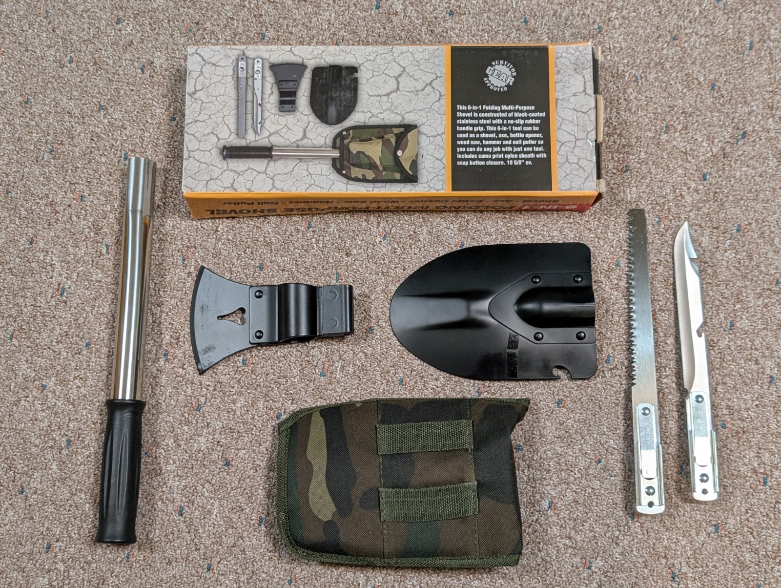 6-IN-1 FOLDING MULTI-PURPOSE SHOVEL Set, BK1908, Camping, Hunting, Sheath & Box