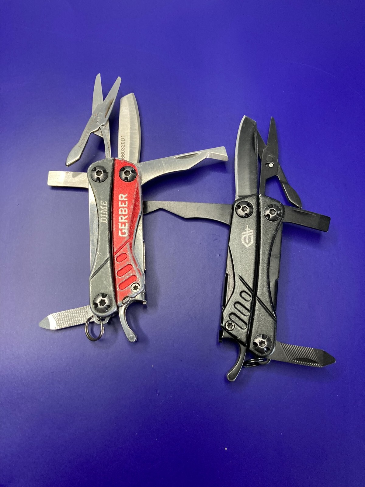 Lot of 2 Gerber Dime Multi-Tools Small Keychain Pliers Knife File Scissors