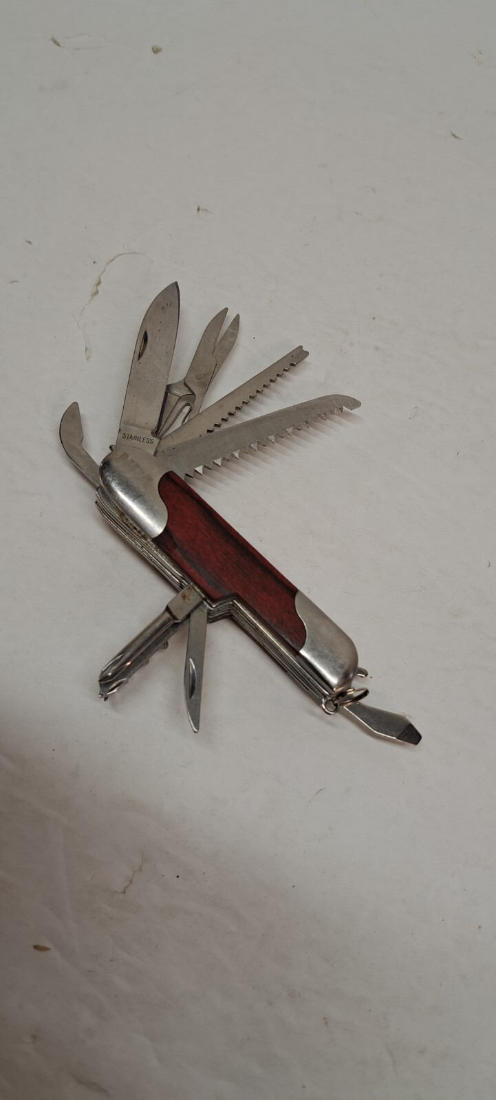 Vintage NRA 11 Multi Tool Knife Scissors Screwdriver Saw Wood Handle 3.5″ Long