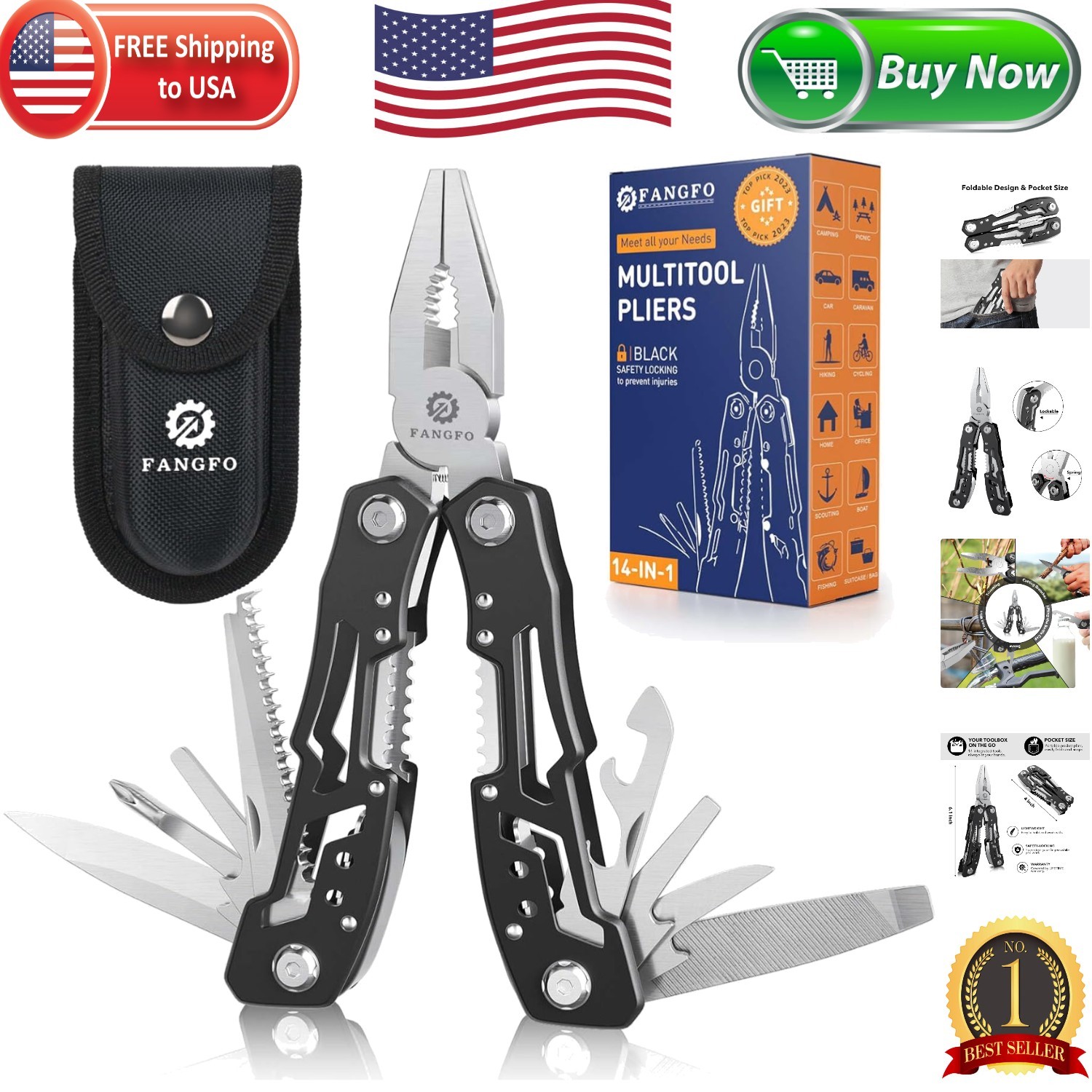 14-in-1 Stainless Steel Multitool: Pocket Knife, Pliers & Safety Locking Design