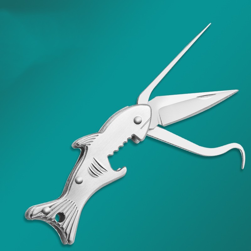 Multifunction Shark Keychain Tool Folding Knife Scissors Bottle Opener EDC GADge